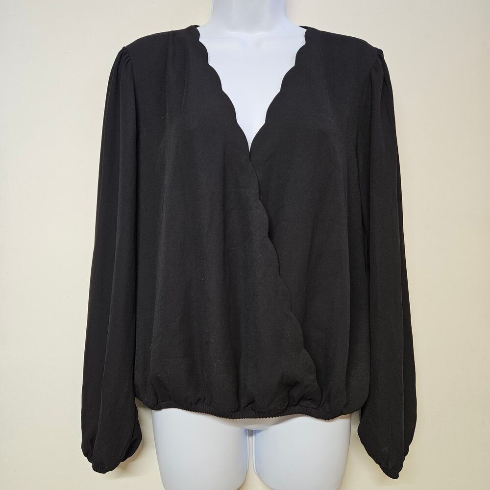 Nine Britton Black Long Sleeve Blouse Size‎ M Scalloped Neckline Mature Office